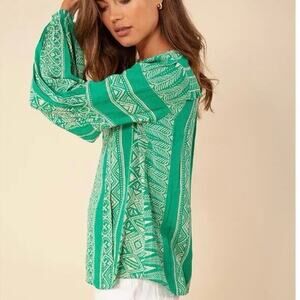 HALE BOB Los Angeles Reina Top Crinkle Gauze Tie Front Neck Green/White Sz Large